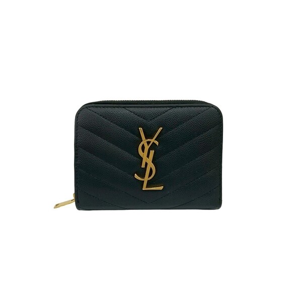 Yves Saint Laurent SAINT LAURENT PARIS YSL Leather Bi-fold Wallet Compact Zip...